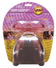 Howard Leight Women's Shooting Safety Combo Kit with passive ear muffs and pink eye protection glasses.